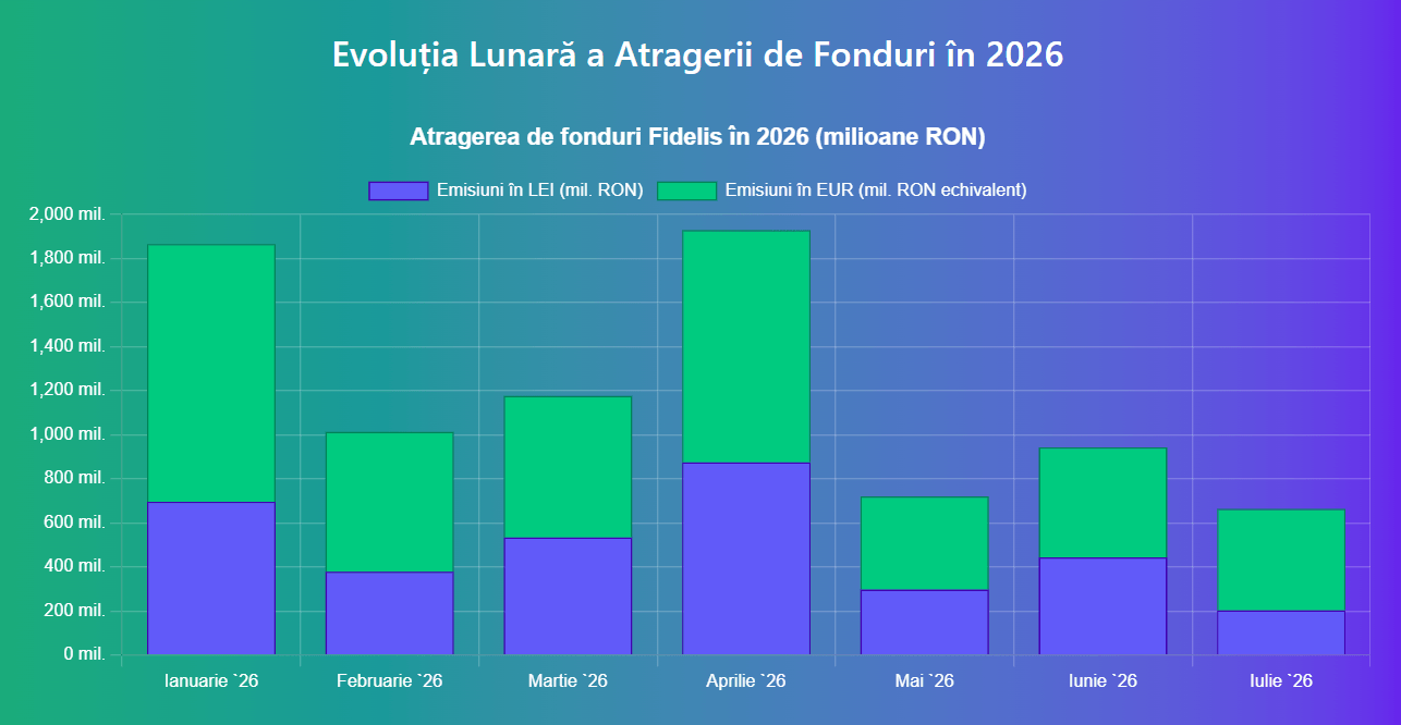 Evoluția lunară a atragerii de fonduri Fidelis în 2026 - defalcare pe emisiuni în lei și euro